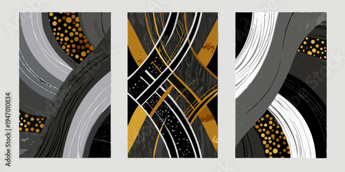 Abstract geometric panels with flowing lines and golden accents