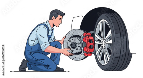 Mechanic changing car brake.