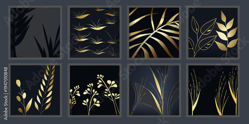 Abstract botanical prints in gold and black arranged in a grid format