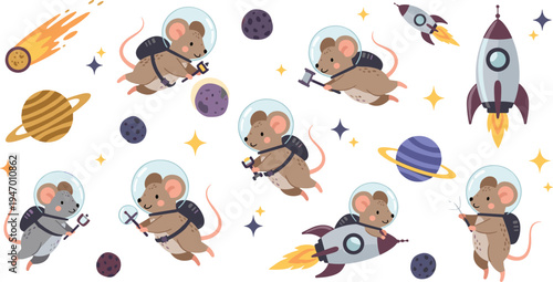 Cute Cartoon Mouse Astronauts Exploring Space With Rockets, Planets And Stars, Adorable Animal Cosmonaut Character Vector Illustration Set