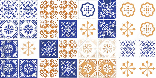 Collection of ornate portuguese azulejo tiles in blue and orange hues