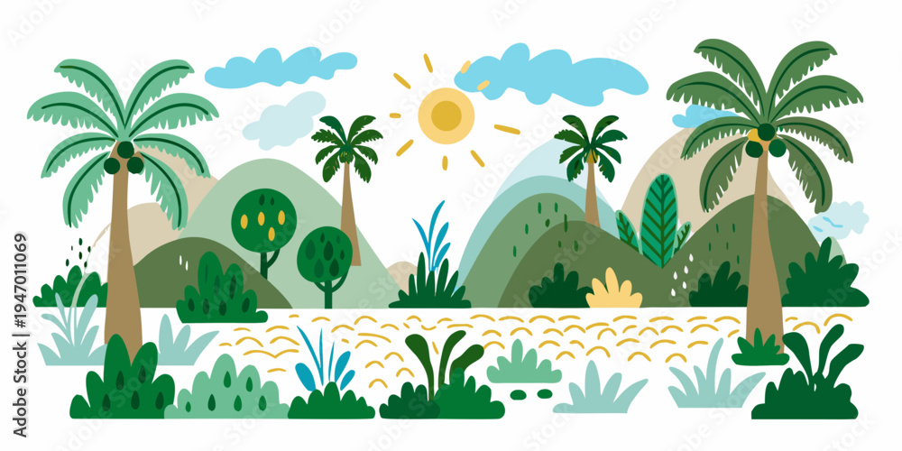 Obraz premium Stylized tropical landscape with palm trees mountains and a bright sun