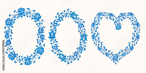 Three floral shapes an oval a circle and a heart in blue