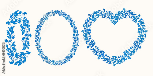 Three floral shapes a zero an oval and a heart in blue