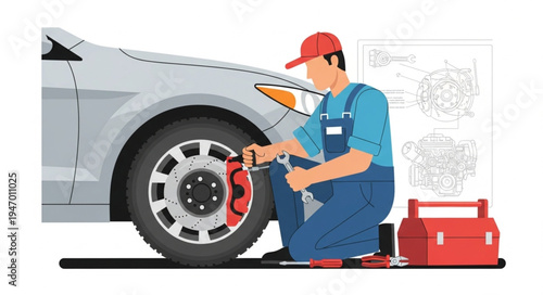 Mechanic changing car brake.