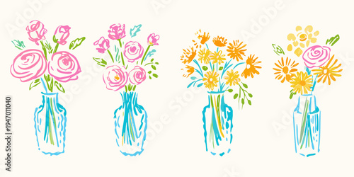 Colorful floral arrangements in vases a hand drawn style illustration