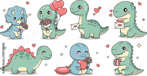 Cute dinosaur characters with love hearts flowers letters romantic kawaii cartoon dino vector illustration collection set