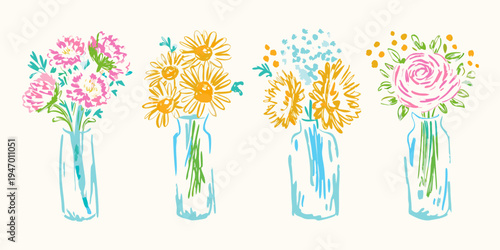 Colorful floral arrangements in vases a whimsical hand drawn illustration