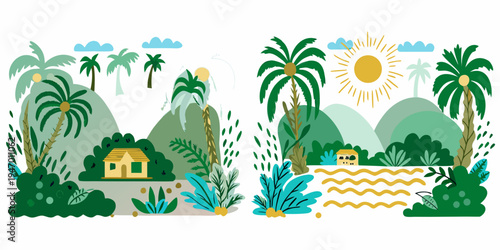 Tropical island landscape with palm trees mountains and small huts