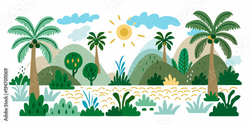 Stylized tropical landscape with palm trees mountains and a bright sun