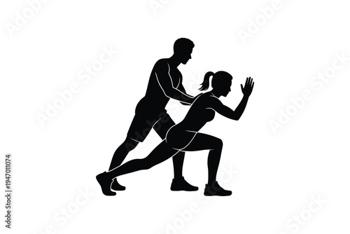 Silhouette of a man and woman demonstrating a lunge exercise ideal for fitness graphics on transparent background high-quality professional detailed.