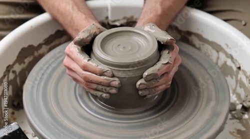 Skilled Hands Shaping Clay on Potter's Wheel Creating Vessel