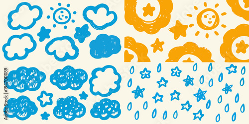 Childlike drawing featuring blue and orange celestial shapes and weather