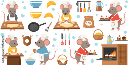 Cute baker mouse cooking cartoon set mouse chef character baking bread pastry kitchen vector illustration collection