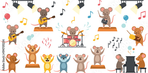 Cute music band mice cartoon set mouse characters playing guitar drums piano performing concert vector illustration collection