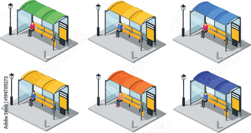Isometric bus stop shelters with benches passengers waiting and street lamps urban public transport station vector illustration set