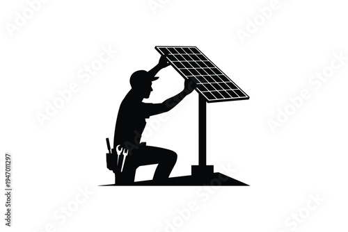 A silhouetted electrician installs a solar panel kneeling with tools ideal for renewable energy designs on transparent background high-quality professional.
