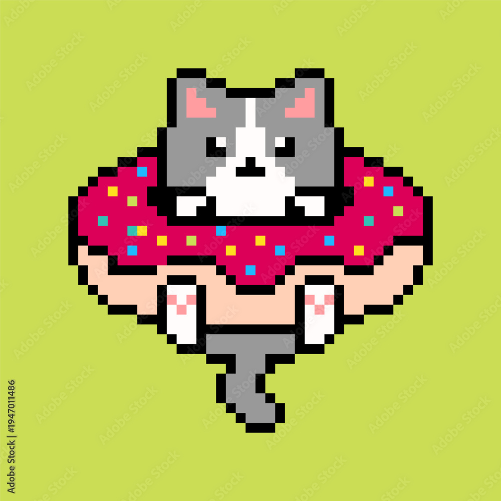 Fototapeta premium Cute Cat Hanging on Donut Pixel Art Character, Kawaii Retro 8 Bit Dessert Animal Icon