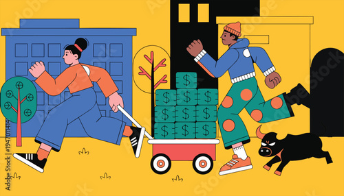 Cartoon vector illustration of a farmer man and woman with a horse and cart working together in a rural scene