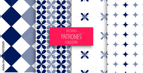 Seamless navy blue geometric patterns collection with floral motifs, diamond grids, and star shapes for classic tile and textile design