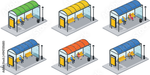 Isometric bus stop shelters with passengers waiting benches street lights urban public transport station vector illustration collectionIsometric bus stop shelters 