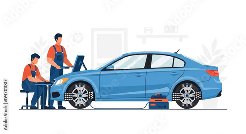 Mechanic and assistant working car.