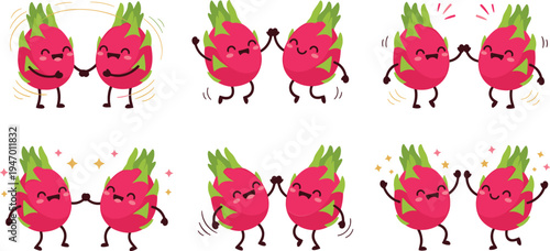 Cute dragon fruit cartoon characters jumping dancing happy tropical fruit mascot kawaii food illustration vector collection set