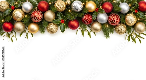 Merry Christmas Greeting Banner with Ornaments and Pine Branches