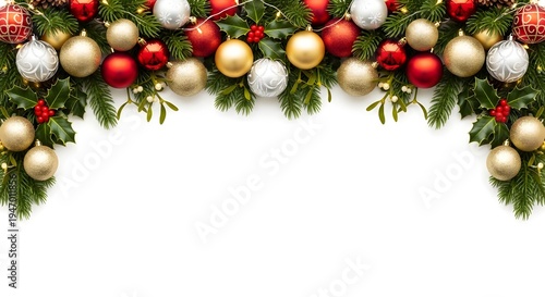 Merry Christmas Greeting Banner with Ornaments and Pine Branches