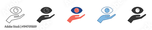 Conceptual illustration of a hand gently holding an eye, symbolizing vision, insight, observation, care, and awareness. Diverse icon set for visual concepts