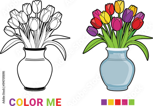 Kids coloring page featuring a beautiful bouquet of tulips in a vase, black and white outline alongside bright colorful example with palette, educational vector graphic.
