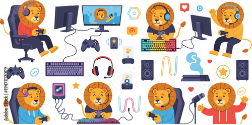 Lion gamer streaming cartoon set gaming character playing video games computer joystick headset online entertainment vector illustration collection