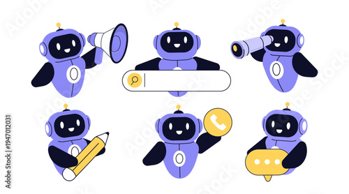 Ai robot, bot assistant showing various artificial intelligence business services. Vector illustration.