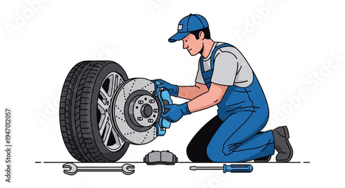 Mechanic changing a car tire.