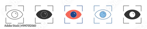 A diverse set of vector eye icons for digital user interfaces, representing concepts of vision, observation, privacy, and biometric security features