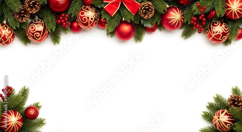 Merry Christmas Greeting Banner with Ornaments and Pine Branches