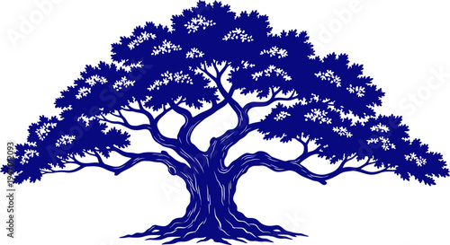 Large blue ancient tree silhouette, detailed branches, intricate canopy, park nature