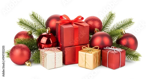 Merry Christmas Greeting Banner with Ornaments and Pine Branches