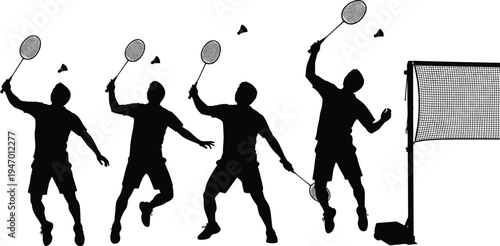 Dynamic badminton players silhouette illustration, black and white vector artwork, competitive sport action poses with shuttlecocks, badminton net court scene, athletic movement design artwork