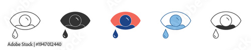 A collection of diverse eye icons depicting the universal concept of crying and emotional distress, symbolizing sadness, grief, and empathy across various visual styles for design projects