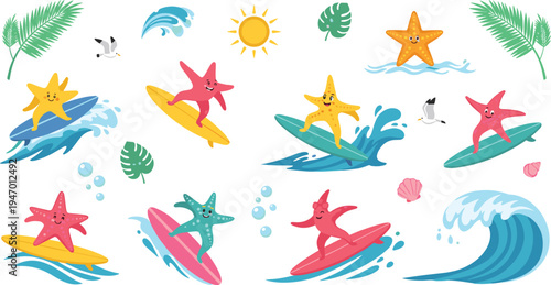 Cute surfing starfish tropical ocean cartoon set sea star riding waves summer beach marine vector illustration collection