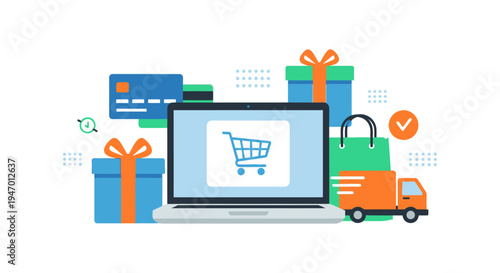 Online Shopping and E-commerce Concept with Secure Payment, Fast Delivery, and Gift Packaging. Digital Retail Transaction and Logistics Illustration.