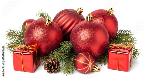 Merry Christmas Greeting Banner with Ornaments and Pine Branches