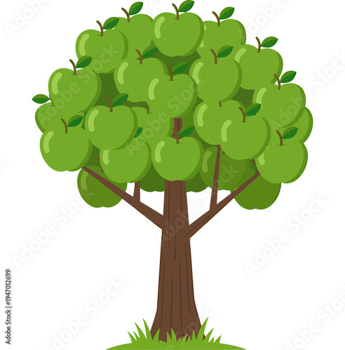 Apple tree laden with bright green apples and brown trunk on grassy ground