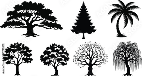 Diverse collection of six stylized black tree silhouettes isolated on a white background representing nature