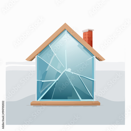Digital artwork of a house with a broken glass front, depicting property damage, vulnerability, and home insecurity