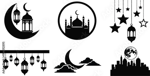Collection of Islamic cultural symbols featuring crescent moons lanterns stars and mosque silhouettes for celebrations
