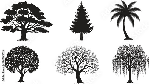 Collection of diverse tree silhouettes representing various species for graphic design purposes