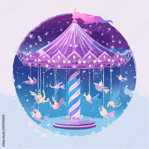 Enchanting Carousel Under a Starry Night Sky with Whimsical Flying Creatures