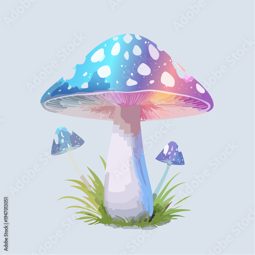 Whimsical mushroom with vibrant speckled cap and delicate grass